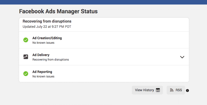 Facebook Ads Manager status tool update