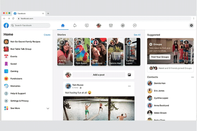 New Facebook design on desktop
