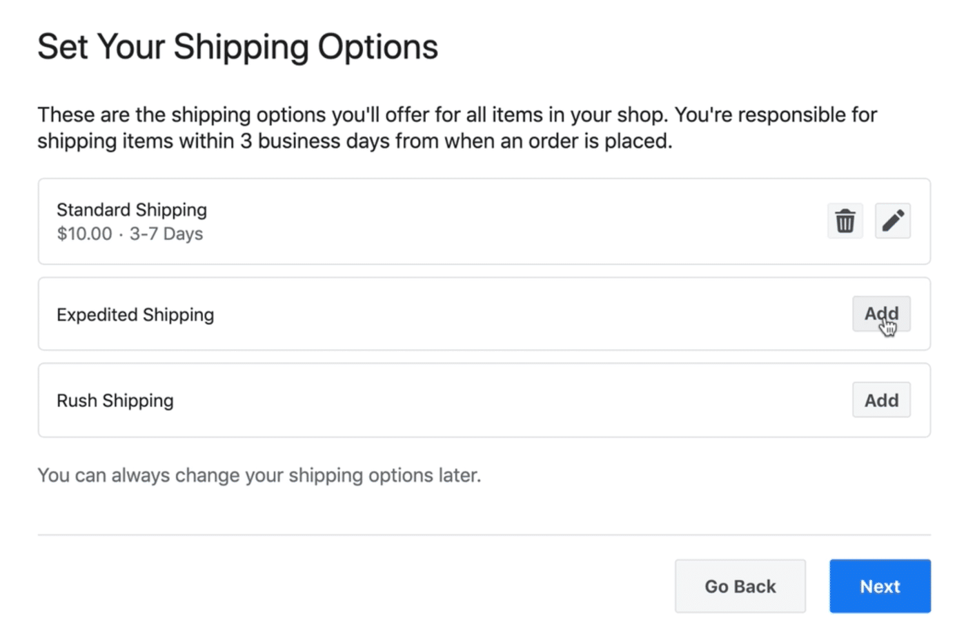 Facebook Shops Set Your Shipping Options