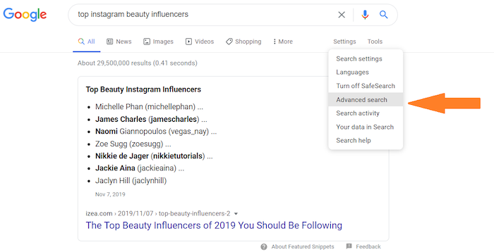 advanced search for instagram influencers