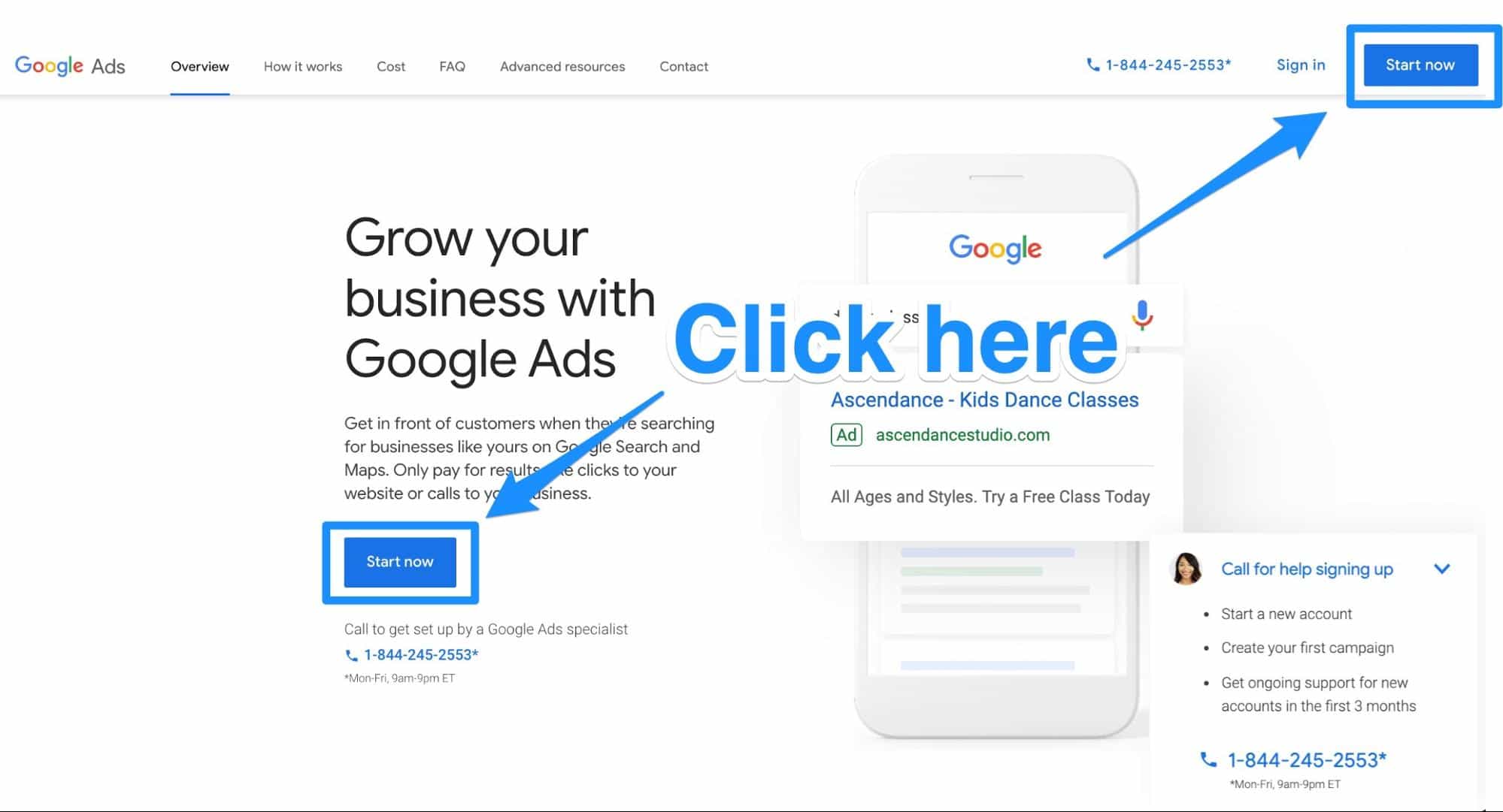 Google Ads homepage Start Now button