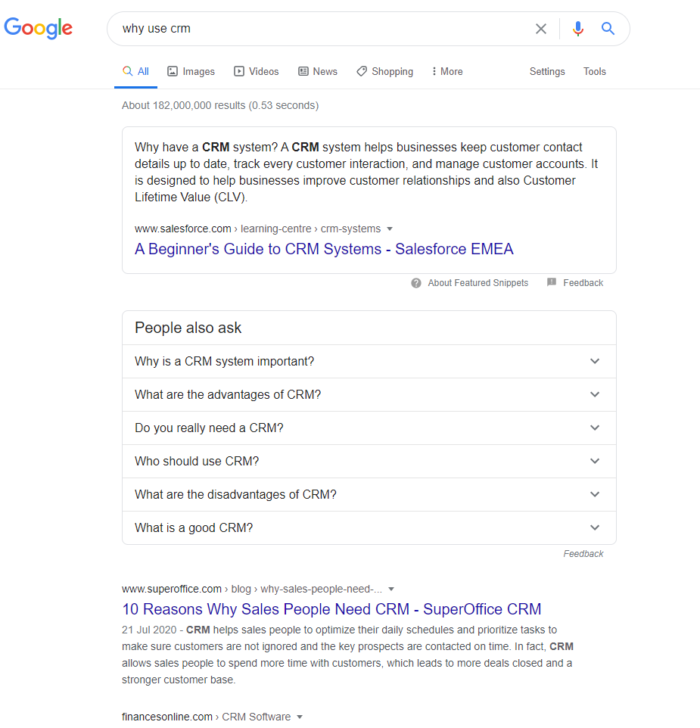 CRM purpose SERP example featured snippet