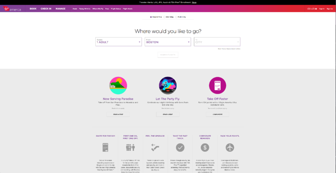 Homepage of Virgin America, an award-winning website