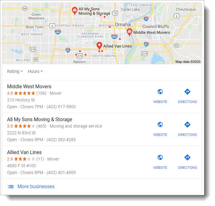 Local SEO results for moving companies in Omaha