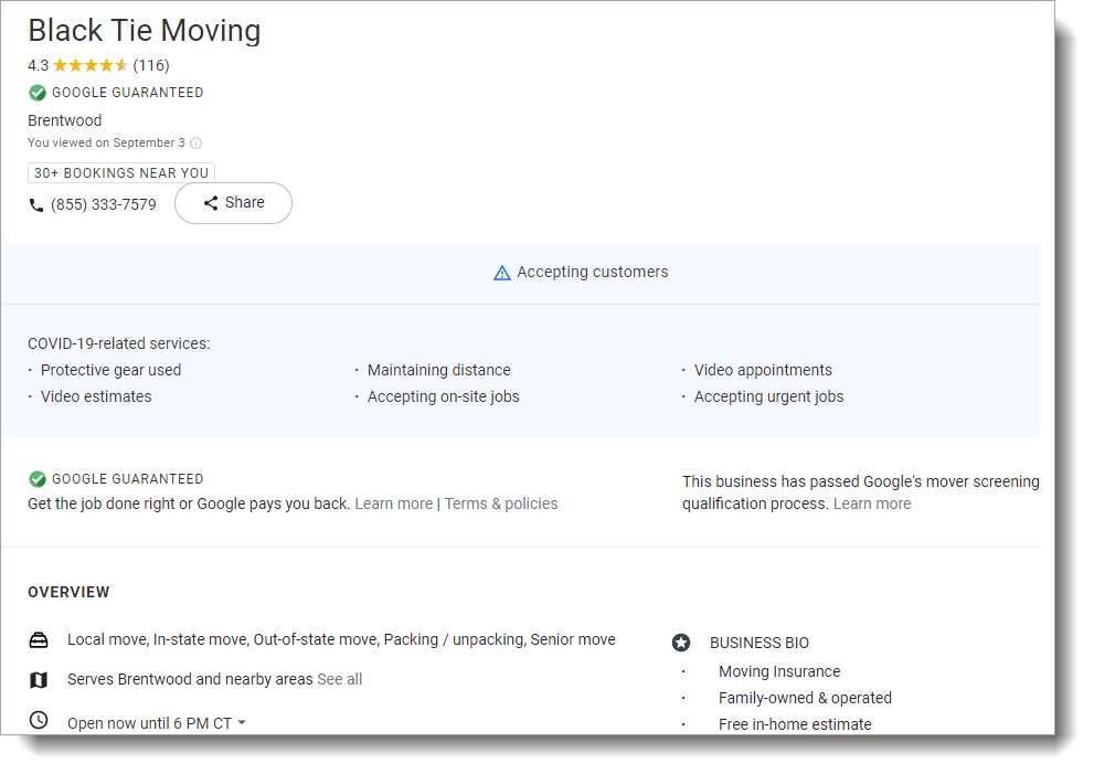 Google Local Services profile for moving company