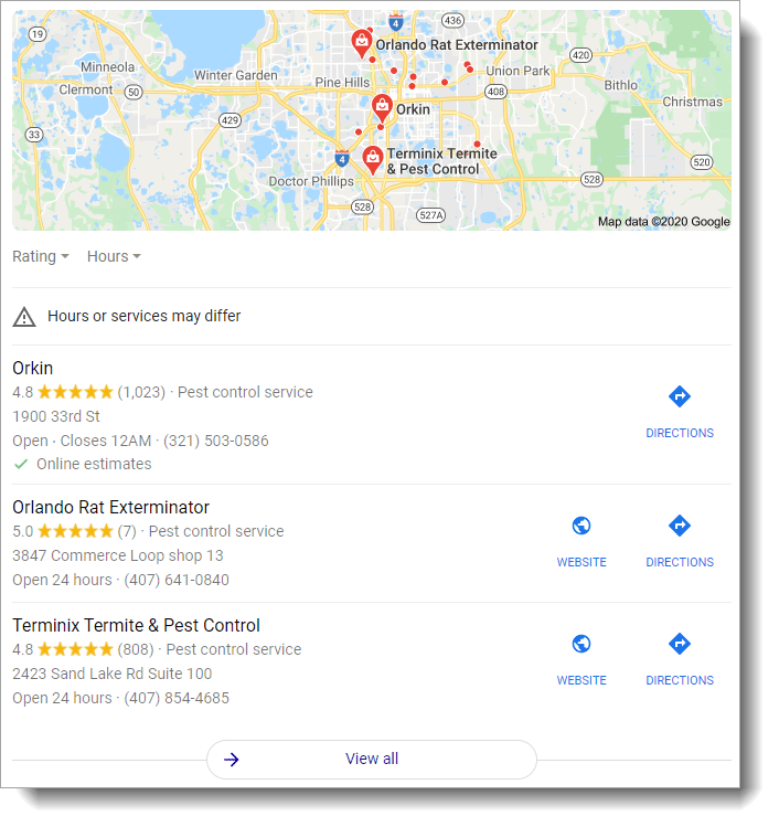 Local SEO results for pest control companies