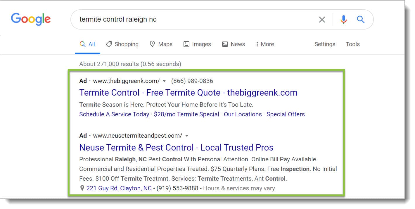 pest control ppc ads on Google