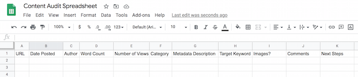 Content audit spreadsheet design using Google Spreadsheets