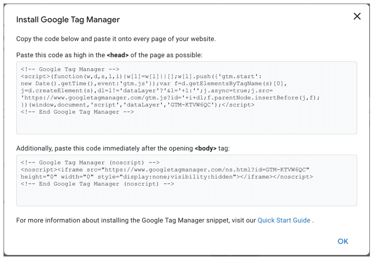 Google Tag Manager installation code snippet