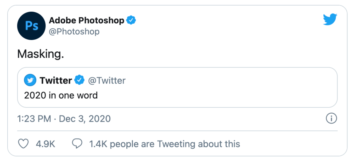 adobe photoshop tweet describing 2020 in one word: masking