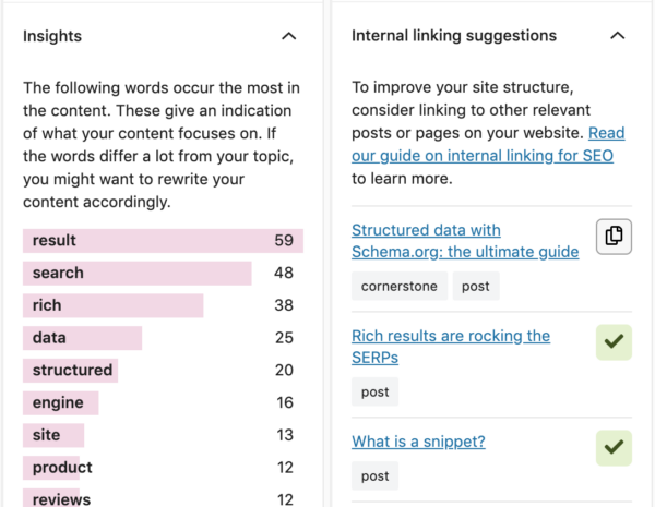screenshot of insights and internal linking suggestions in Yoast SEO plugin