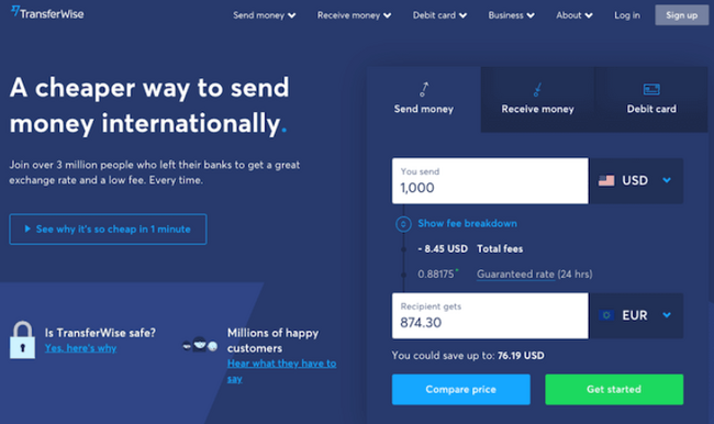 TransferWise landing page for Google advertising ideas