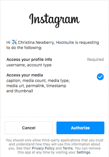 Button to authorize Instagram account in Hootsuite