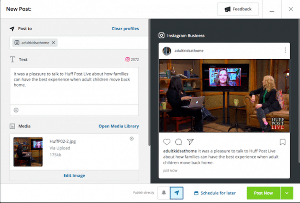 Option to schedule an Instagram post or publish now in Hootsuite