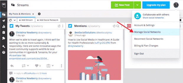 Option to "Manage Social Networks" in Hootsuite
