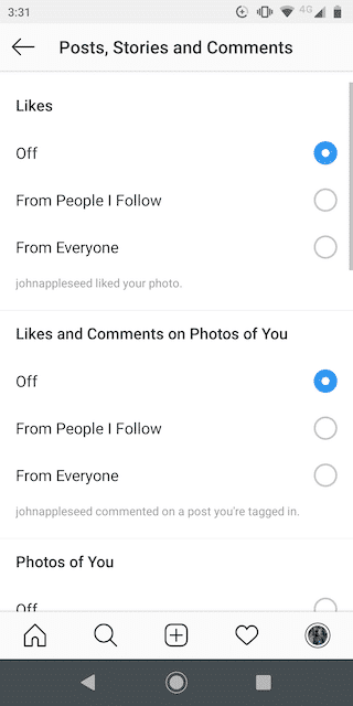 Notification options in Instagram