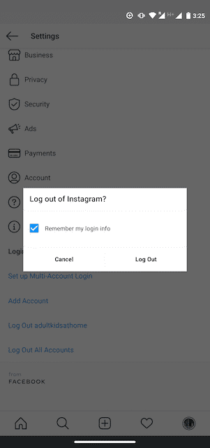 Option to log out of Instagram
