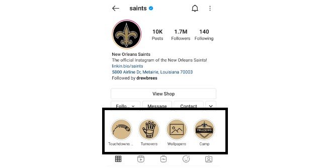 instagram story highlights examples - saints 