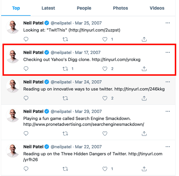 Old Tweets - Neil Patel example of finding first tweet 