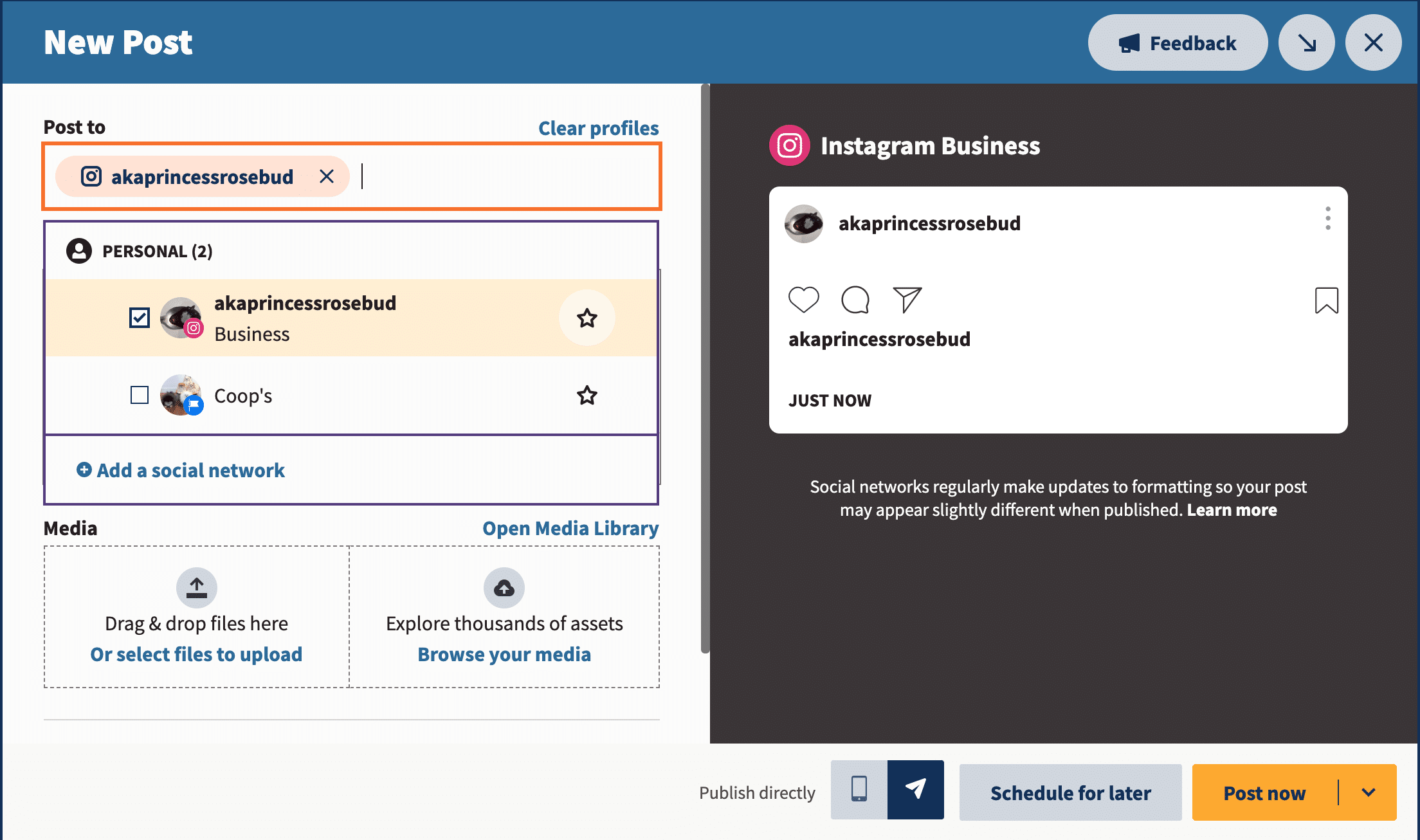 Select preferred Instagram account from list