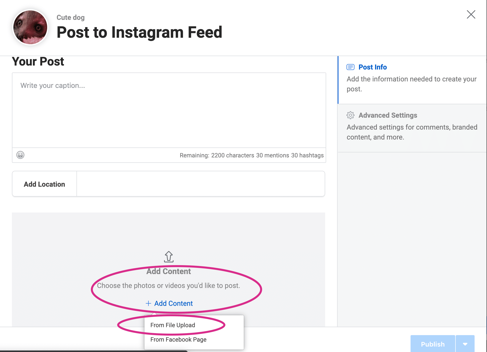 Using Creator Studio to schedule Instagram posts: Add Content to upload visuals