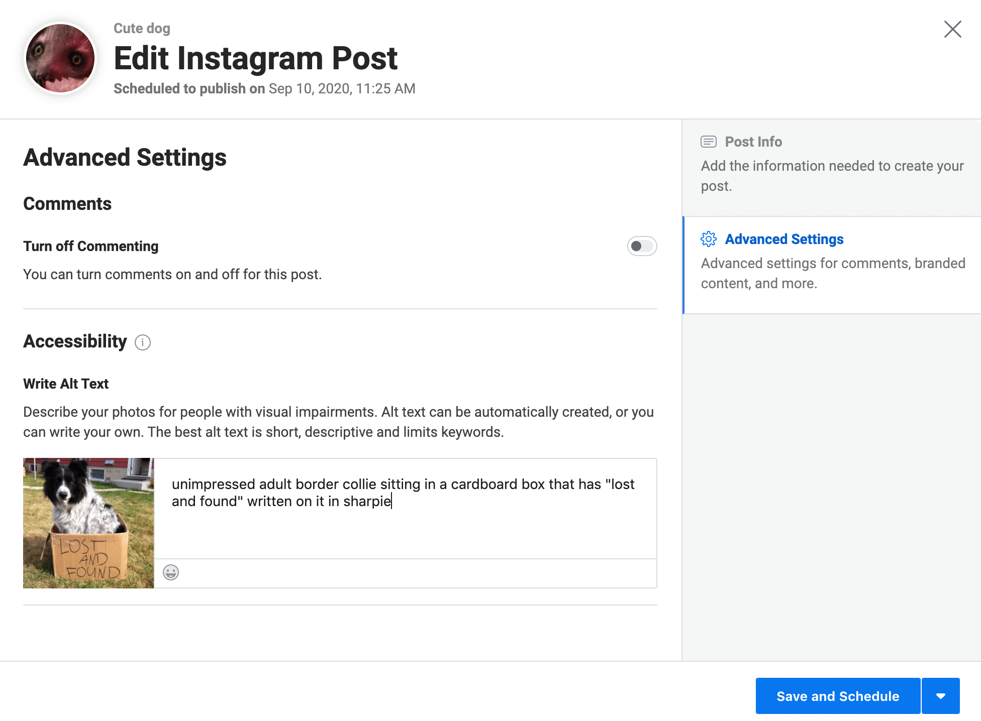 Using Creator Studio to schedule Instagram posts: advanced settings