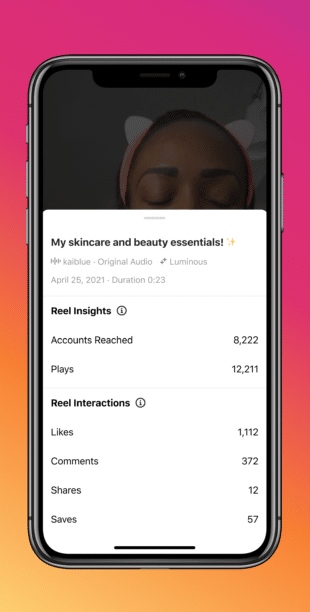 phone screen with individual instagram reel performance stats