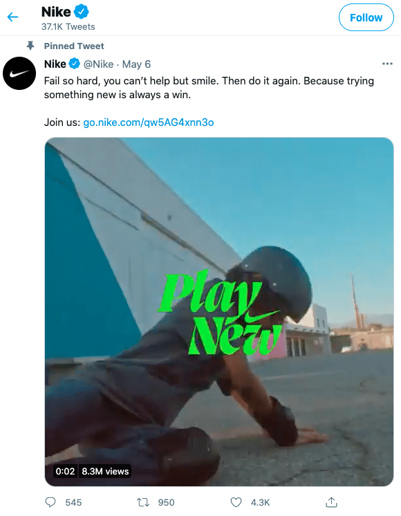 Pinned tweet on Nike's Twitter page featuring video from "Play new" campaign