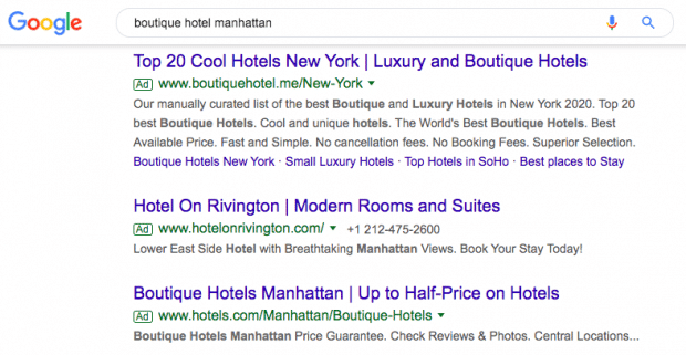 Screenshot of Google search results for "boutique hotel manhattan"