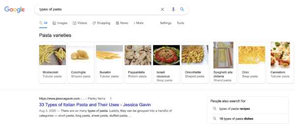 google entities types of pasta