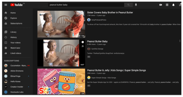 YouTube search algorithm "peanut butter baby"