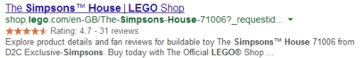 lego uses extensions to include customer reviews in google listing