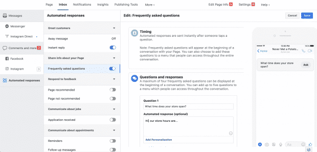 Editing Frequently Asked Questions and responses for Facebook Messenger