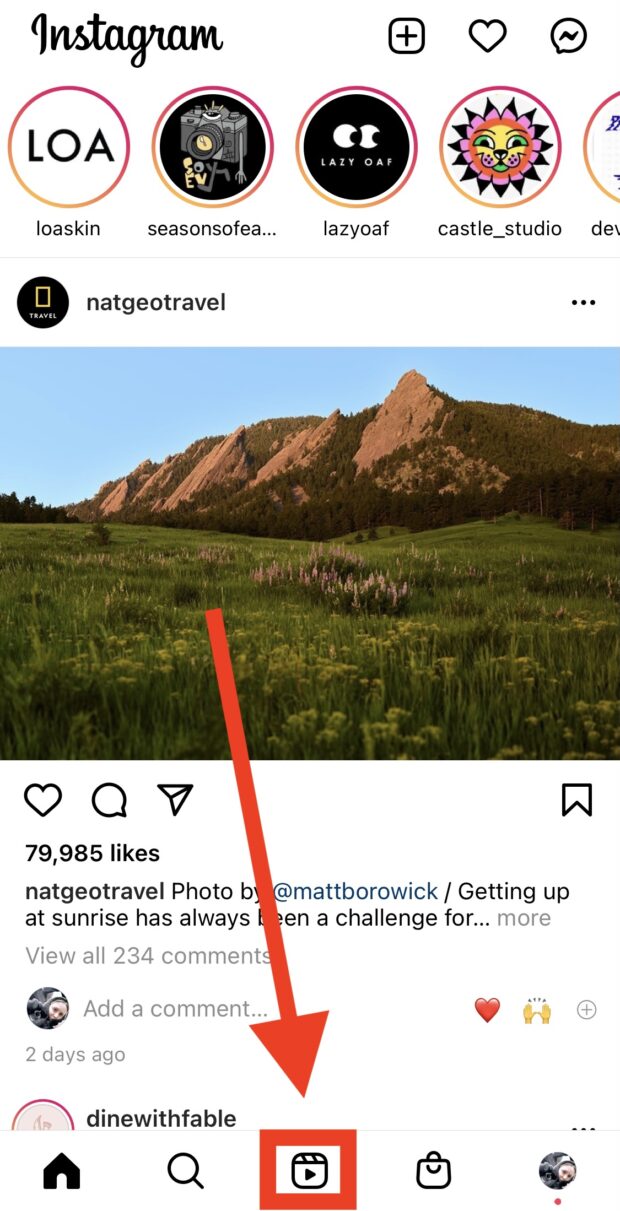Instagram Reels icon at the bottom of the app's home page