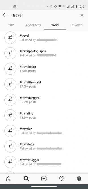 Screenshot showing related Instagram hashtags for a particular hashtag search