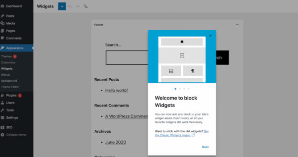WordPress 5.8: screenshot of new feature block widgets