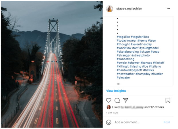 Instagram post of Lions Gate Bridge in Vancouver BC