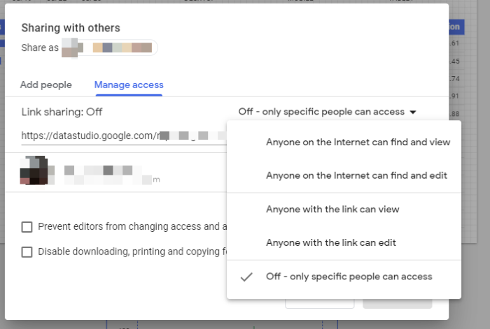 Google data studio - adjust sharing settings 