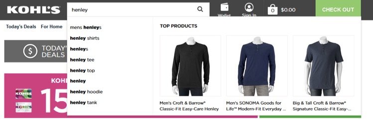 kohls internal site search example with product recommendations 