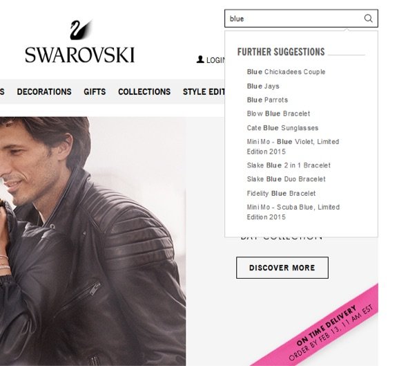swarovski internal site search example with suggestions 