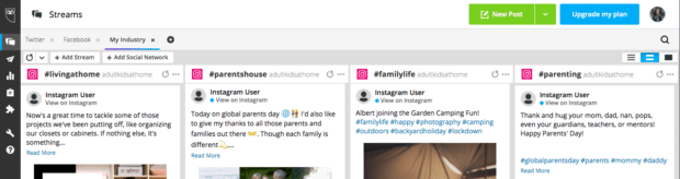 Hootsuite streams set up for social media monitoring of hashtags