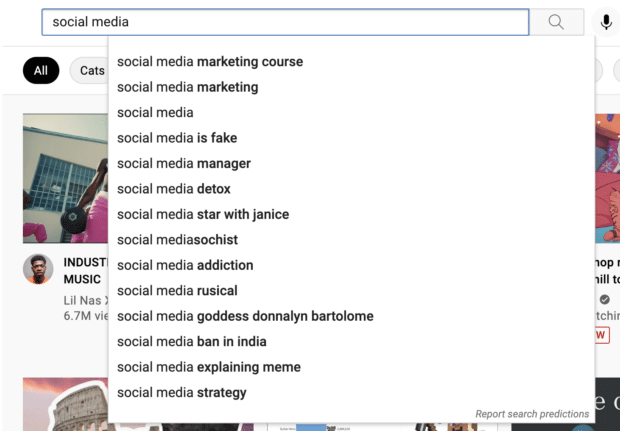 YouTube search bar auto-suggestions for keyword "social media"