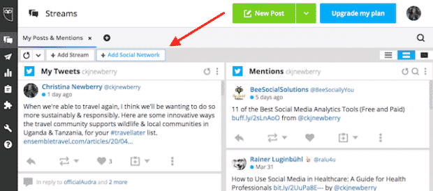 Button to add another social network in Hootsuite