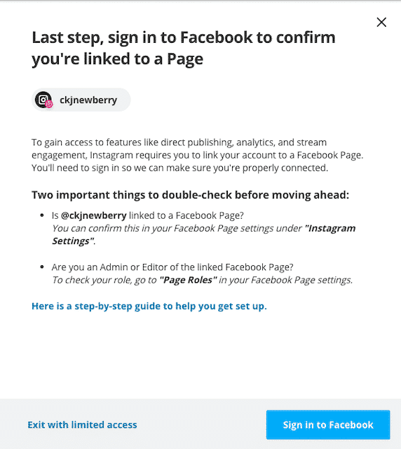 Option to sign in to Facebook to confirm Instagram authorization in Hootsuite