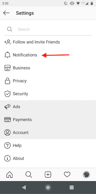 Instagram Notifications button on the menu