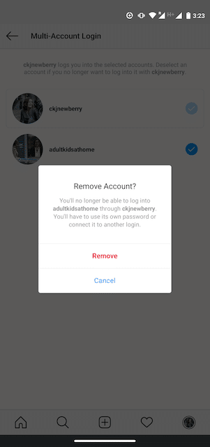 Option to remove an account on Instagram