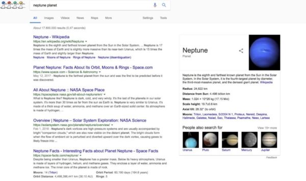 Google's search results for the term neptune planet