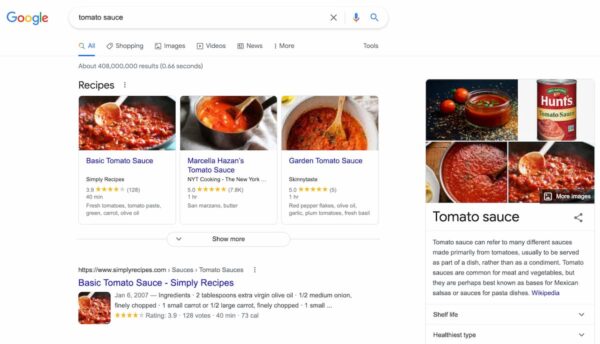 Example of informational search intent: screenshot of Google's results for search term tomato sauce