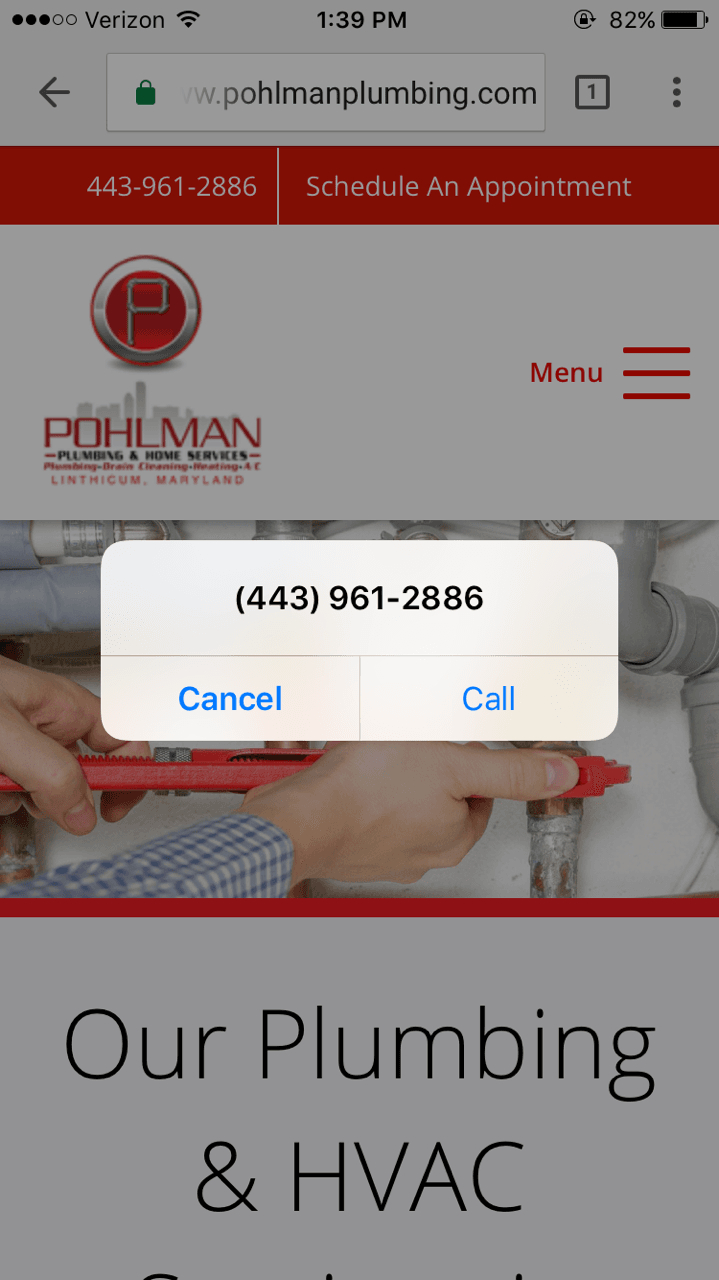 click to call button on a plumbing website