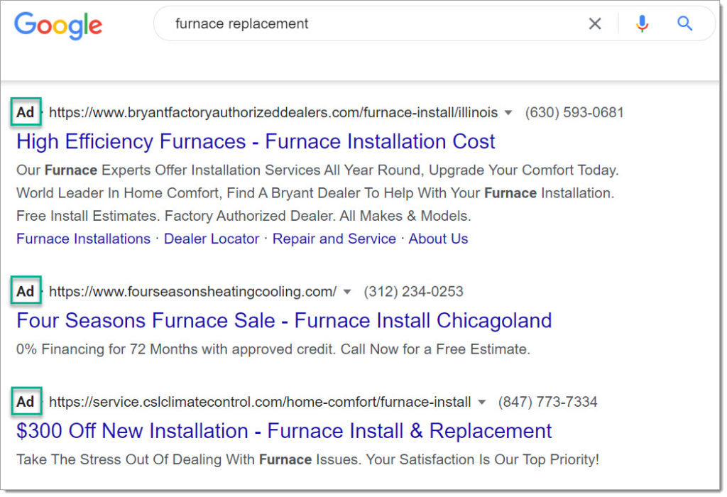 HVAC PPC ads on Google search